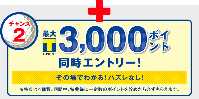 チャンス2 最大Tポイント3,000ポイント同時エントリー！※特典は4種類。期間中、特典毎に一定数のポイントを貯めたら必ずもらえます。