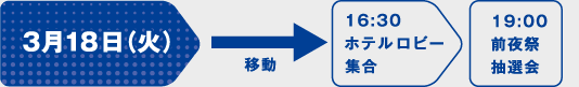 3月18日（火） →移動→16:30ホテルロビー集合→19:00前夜祭抽選会