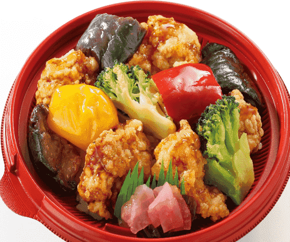 彩り野菜と食べる鶏唐揚げ丼（甘辛だれ）